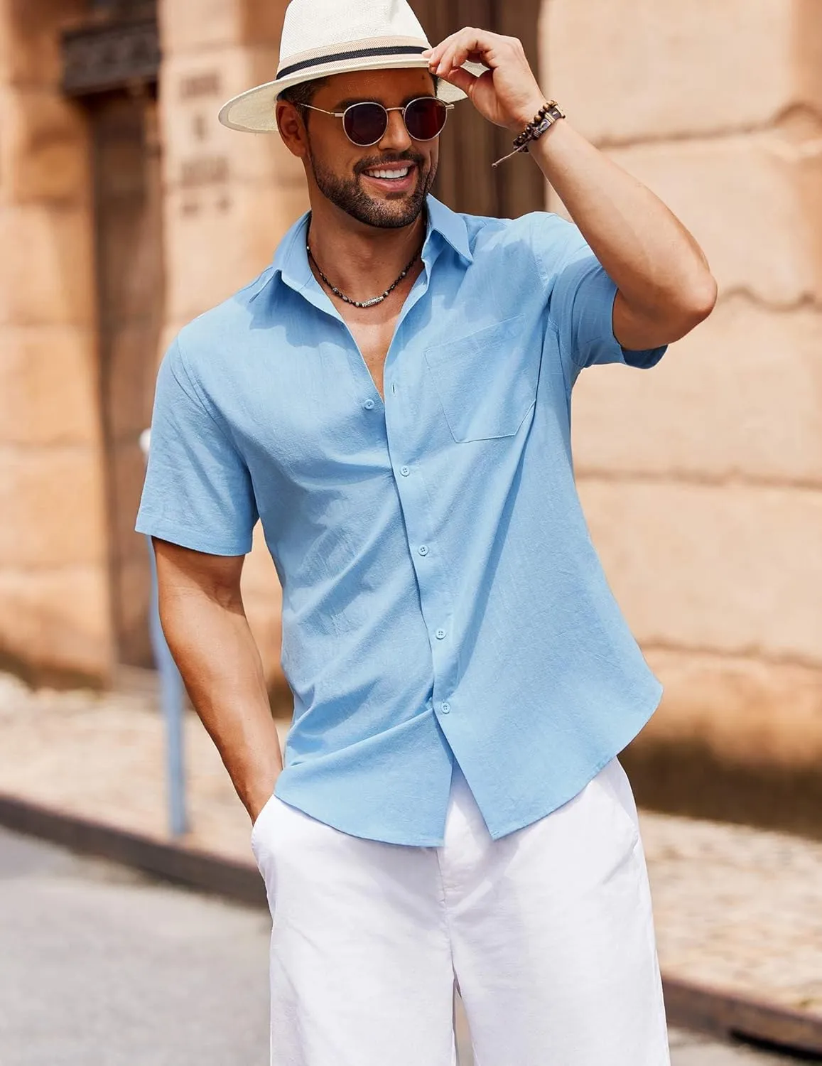 COOFANDY Men's Button Down Short Sleeve Shirt Casual Cotton Summer Beach Linen Wedding Shirts with Pocket