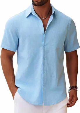 COOFANDY Men's Button Down Short Sleeve Shirt Casual Cotton Summer Beach Linen Wedding Shirts with Pocket