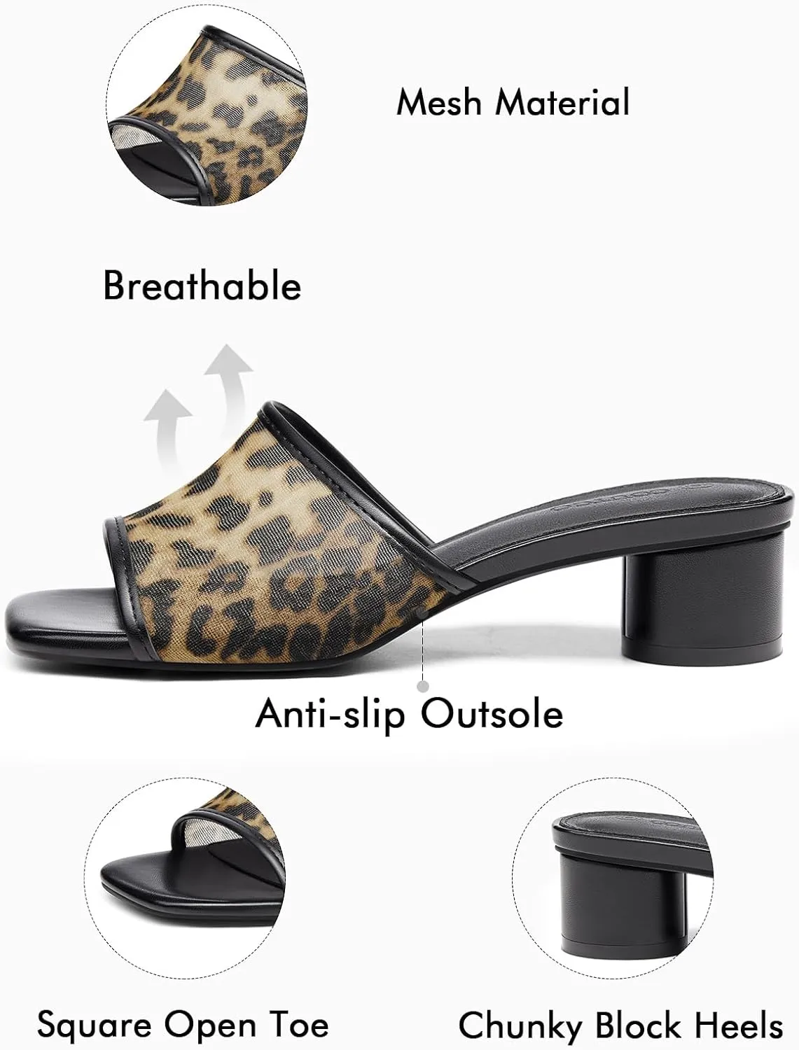 Coutgo Womens Slide Sandals Mesh Chunky Heels Mules Square Open Toe Slip On Summer Dress Shoes