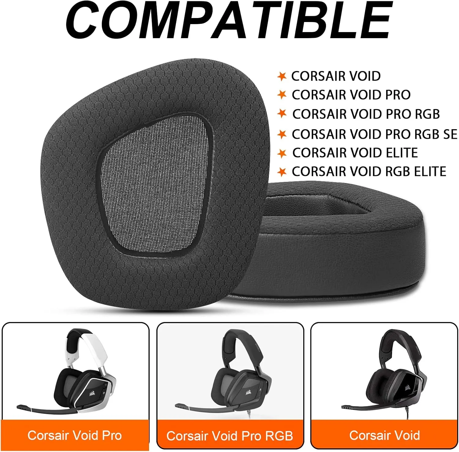 GVOEARS Replacement Ear Pads Cushions for Corsair Void/Void Pro/Void Pro RGB/Void Pro RGB SE/Void Pro Elite/RGB Wireless Earpads Gaming Headsets, Mesh Fabric with Soft Protein Leather(Black)