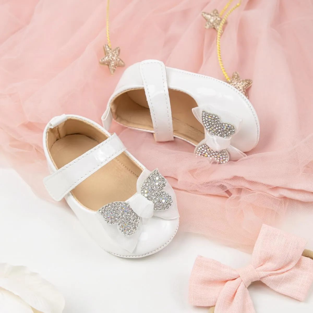 Oamico Infant Baby Girls Mary Jane Flats Non Slip Rubber Sole with Bownot Toddler First Walkers Princess Wedding Dress Shoes
