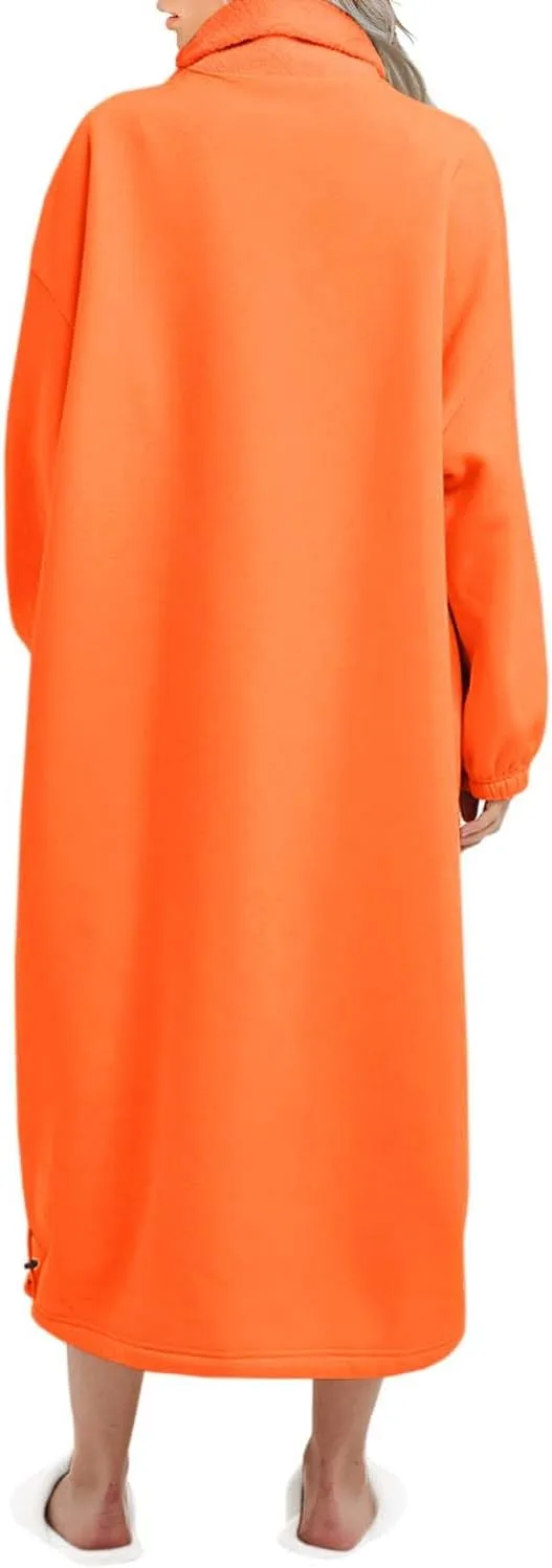 ReachMe Womens Oversized Long Fleece Sweatshirt Dresses Thickening Lounge Maxi Dress Plush Turtleneck Pullover Nightgowns