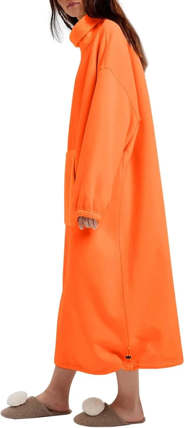 ReachMe Womens Oversized Long Fleece Sweatshirt Dresses Thickening Lounge Maxi Dress Plush Turtleneck Pullover Nightgowns