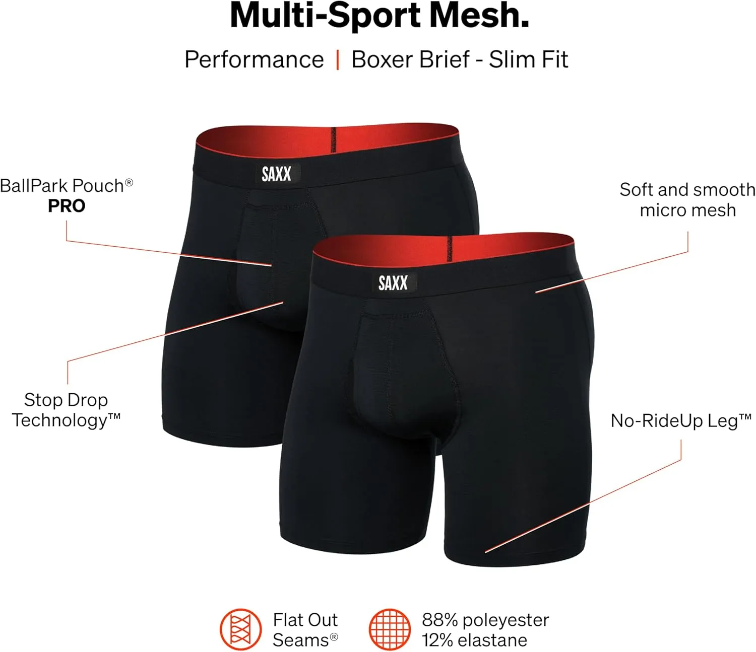 SAXX Underwear Co. Men's Underwear with Pouch Multi Sport Mesh Boxer Brief Fly 2Pk