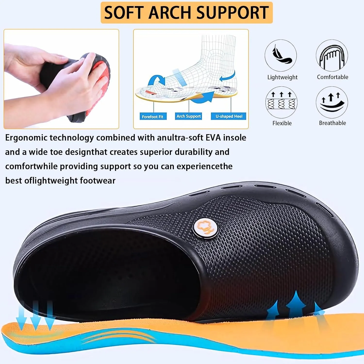 Slip Resistant Work Shoes for Men's and Women's Kitchen/Chef/Garden/Nurse Shoes Black Non Slip Clogs(7.5-11.5Men/8.5-12.5Women)